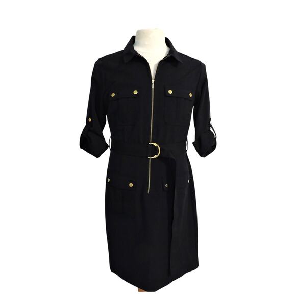 Sharagano Navy Blue Shirt Dress Gold Accents & Belt Size 12 - Picture 4 of 9